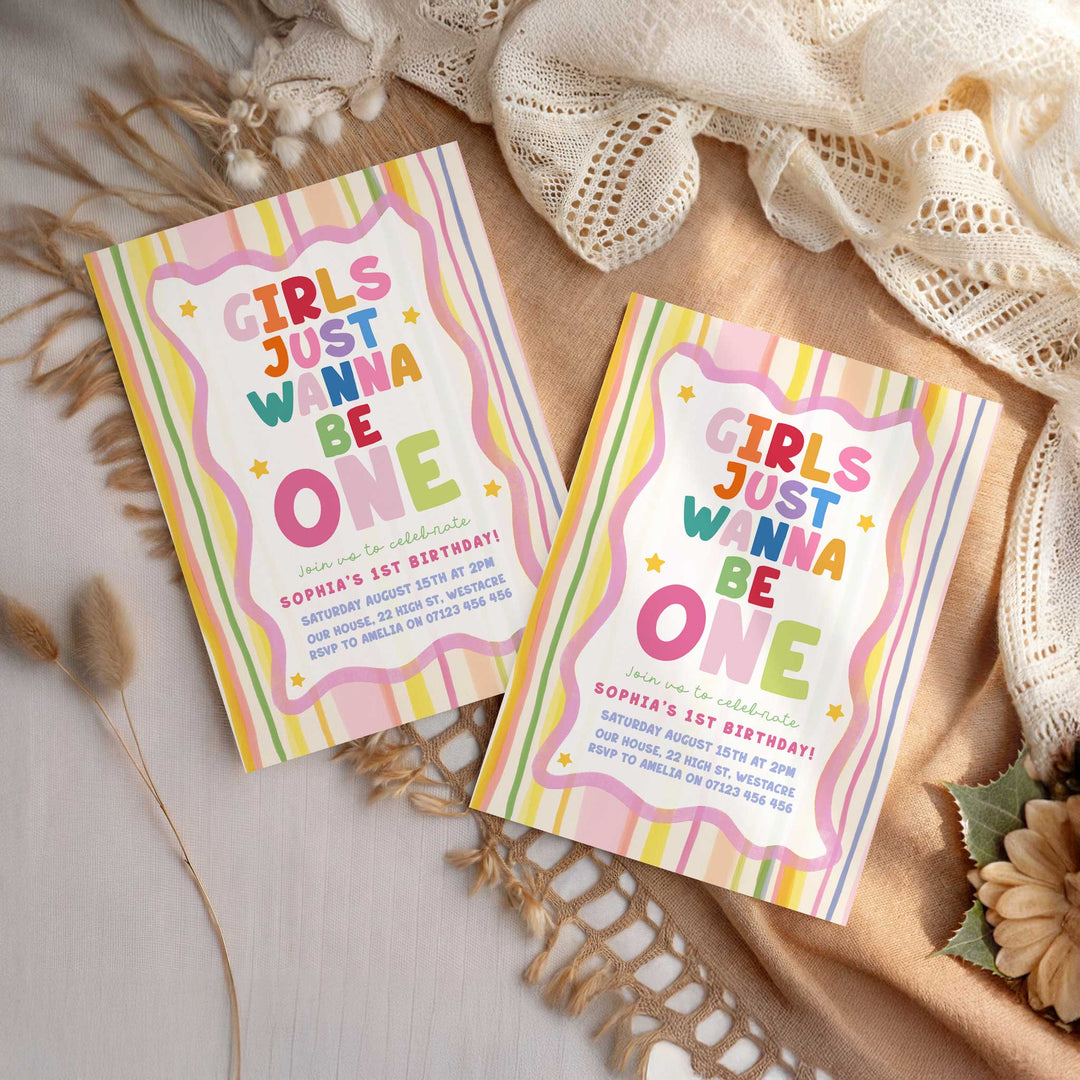 Girls Just Wanna Be One Yellow Striped Birthday Invite editable canva template