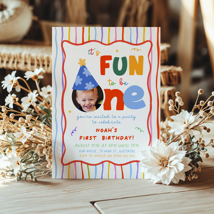 Fun To Be One With Thin Stripes Birthday Invite Editable Template in Canva
