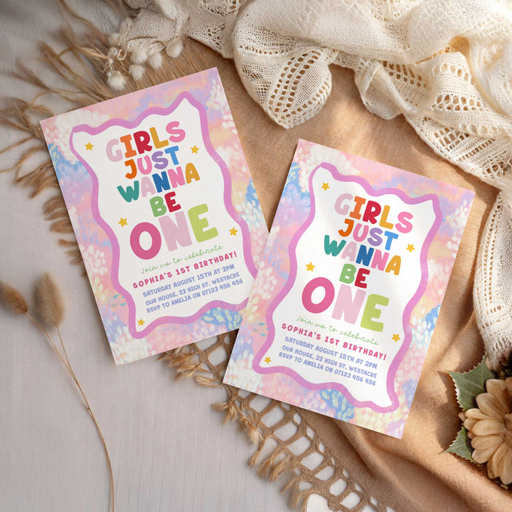Girls Just Wanna Be One Pink & Green Watercolor Birthday Invite ditable Canva Template