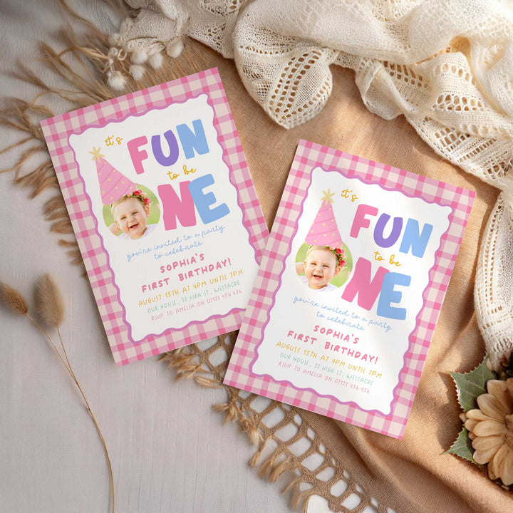 Girls Just Wanna Be One Pink Gingham Birthday Invite Editable Template In Canva