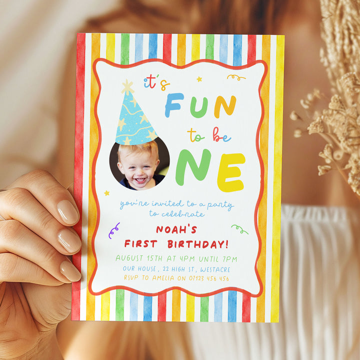 Striped It's Fun To Be One Birthday Invite editable canva template
