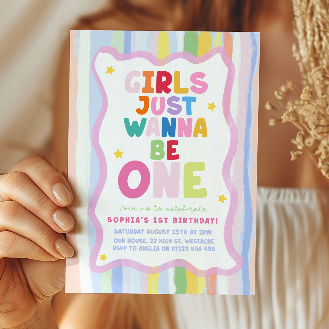 Girls Just Wanna Be One Pastel Striped Birthday Invite editable canva template