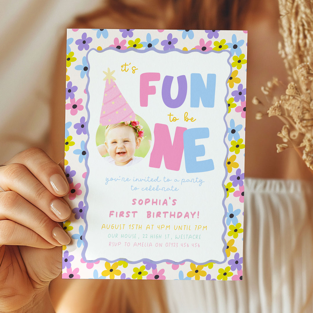 Girls Just Wanna Be One Flower Pattern Birthday Invite Canva Template