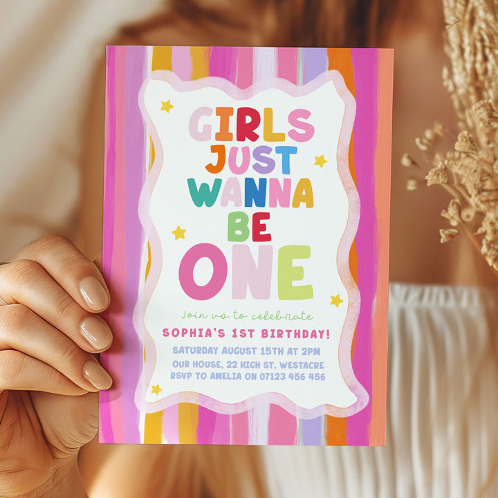 Girls Just Wanna Be One Pastel Birthday Invite editable Canva Template