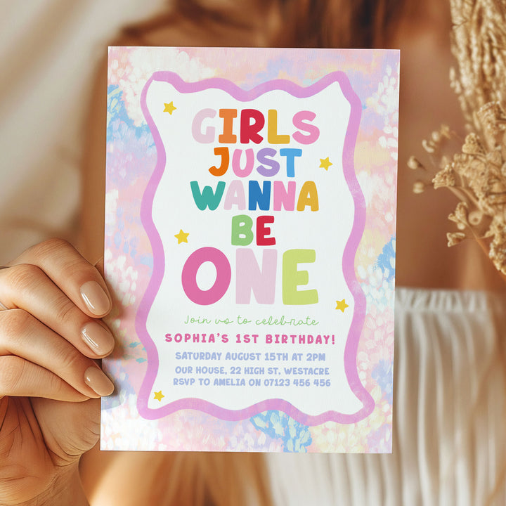 Girls Just Wanna Be One Pink & Green Watercolor Birthday Invite ditable Canva Template