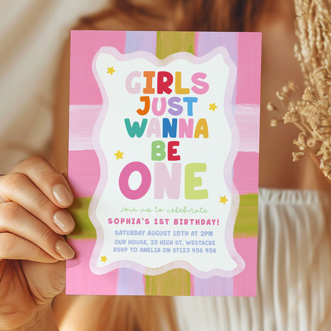 Girls Just Wanna Be One Big Stripes Birthday Invite editable canva template