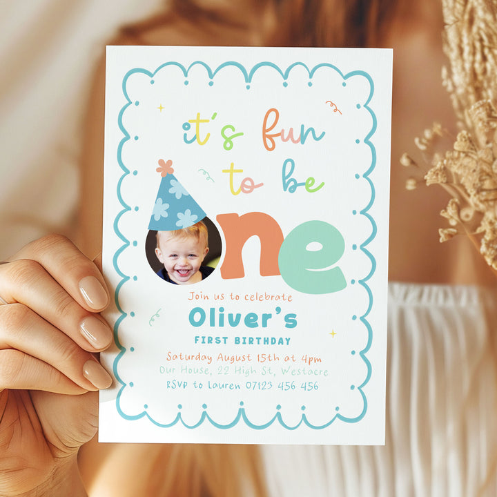 Teal It's Fun To Be One Birthday Invite editable canva template 