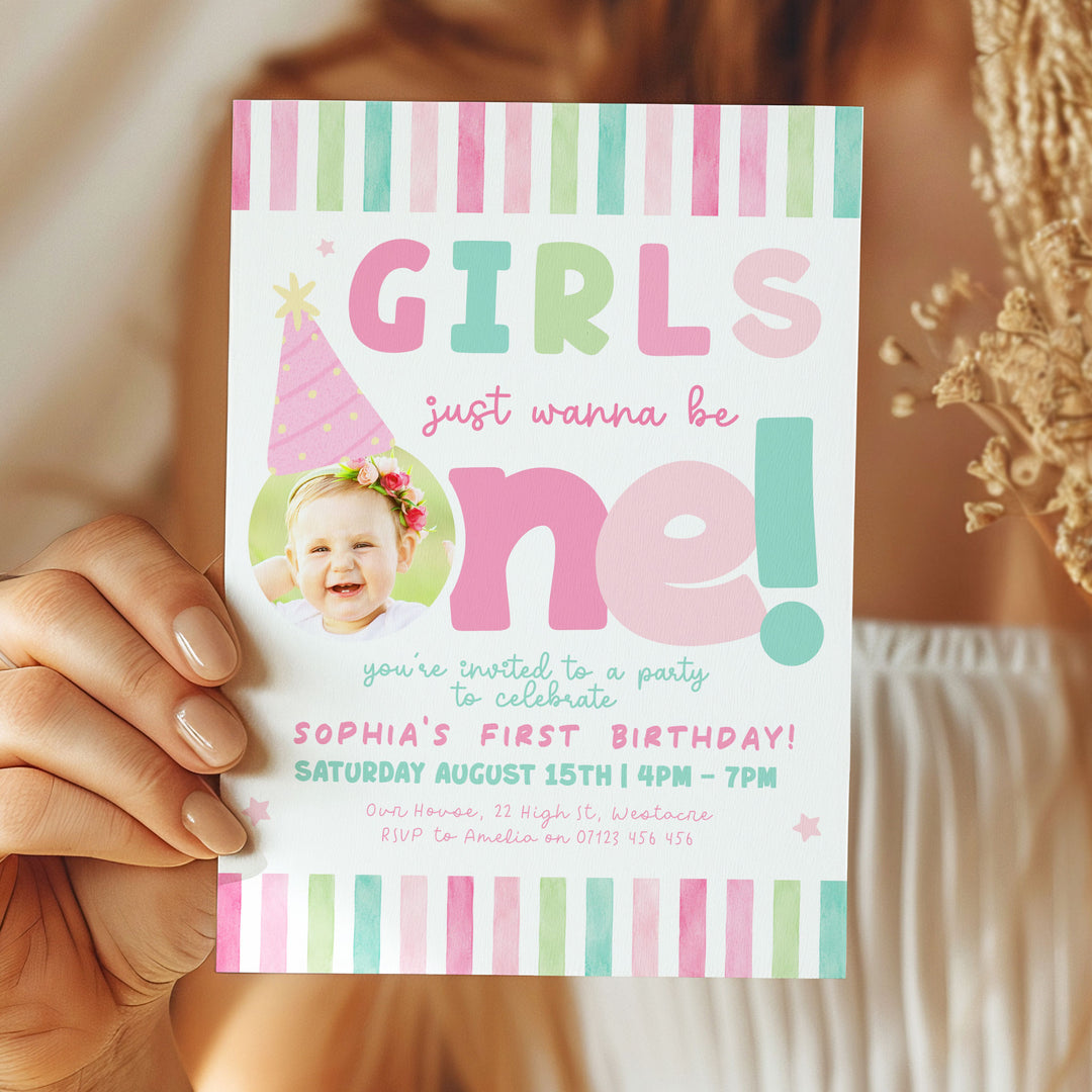 Girls Just Wanna Be One Pink Stripe Birthday Invite Editable Template Canva