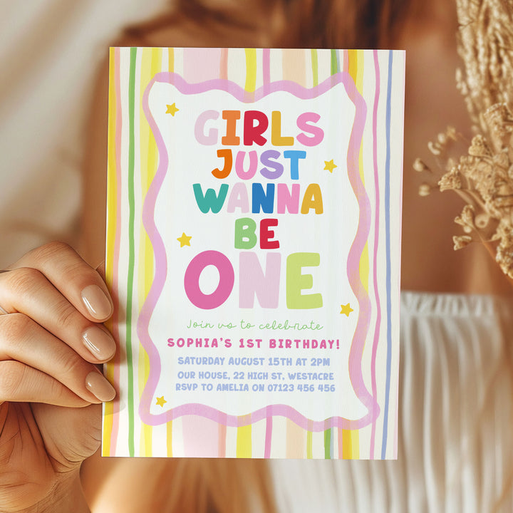 Girls Just Wanna Be One Yellow Striped Birthday Invite