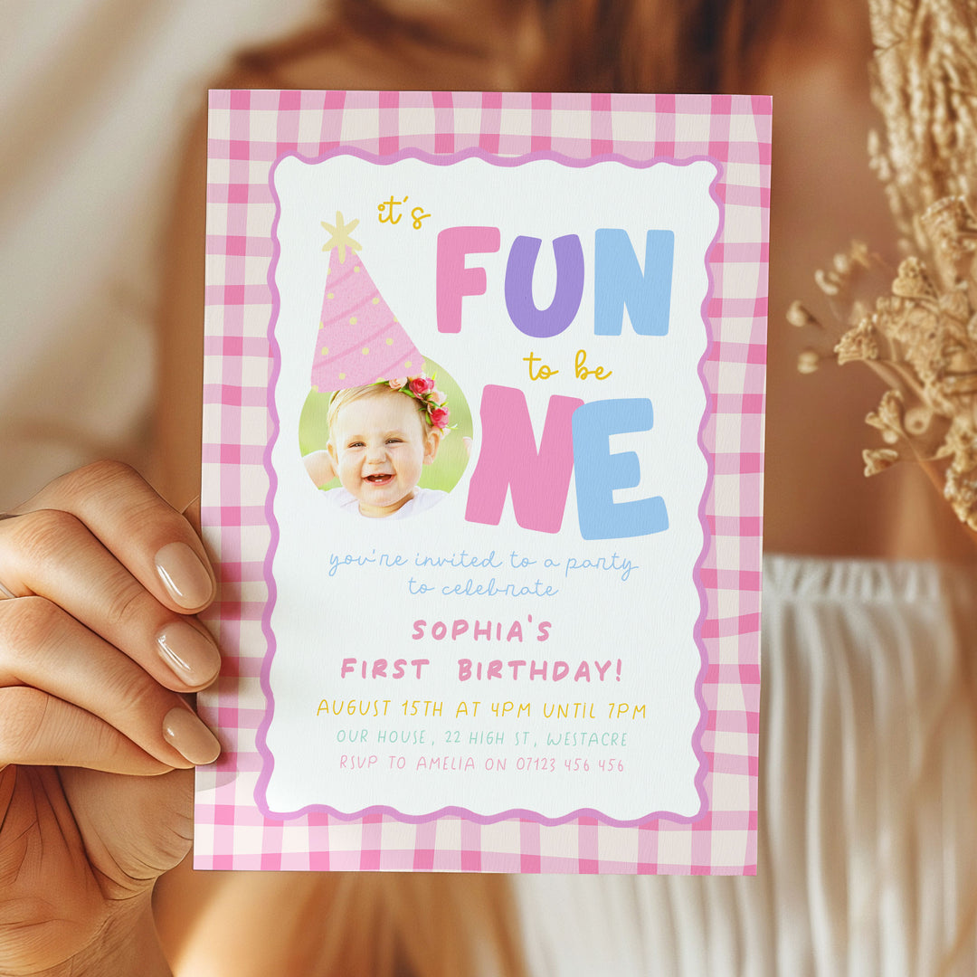 Girls Just Wanna Be One Pink Gingham Birthday Invite Editable Template In Canva
