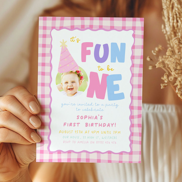 Girls Just Wanna Be One Pink Gingham Birthday Invite Editable Template In Canva