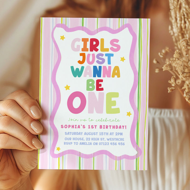 Girls Just Wanna Be One Pink & Green Striped Birthday Invite editable template in Canva
