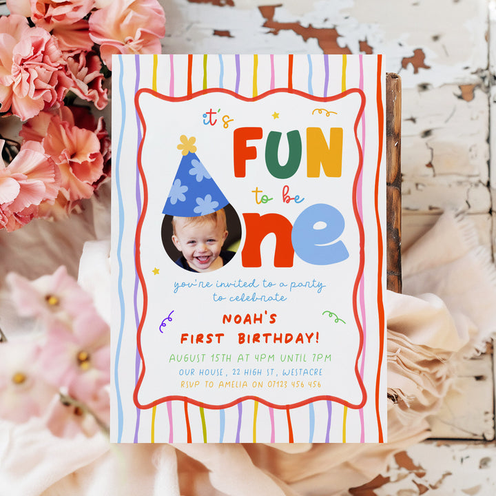 Fun To Be One With Thin Stripes Birthday Invite Editable Template in Canva