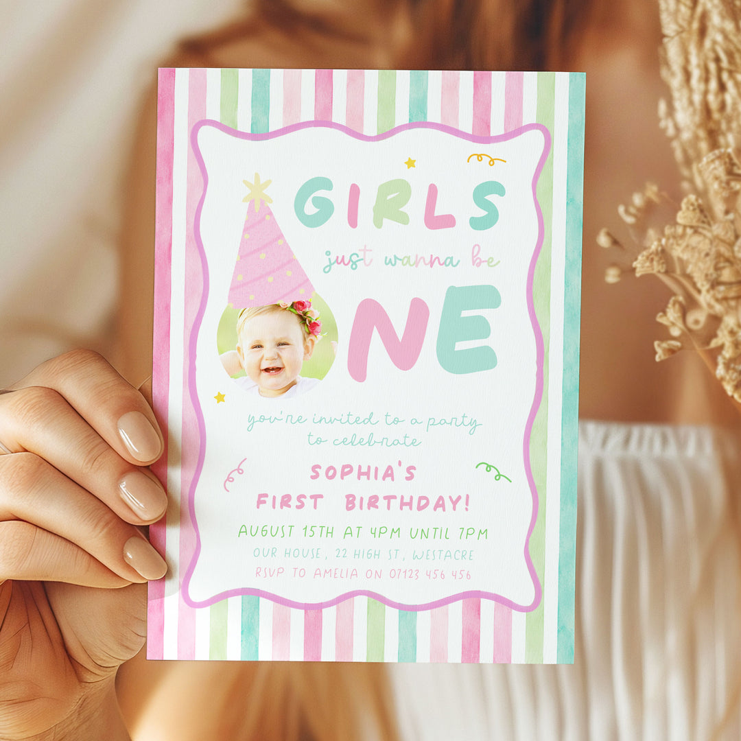 Girls Just Wanna Be One Pink Striped Birthday Invite