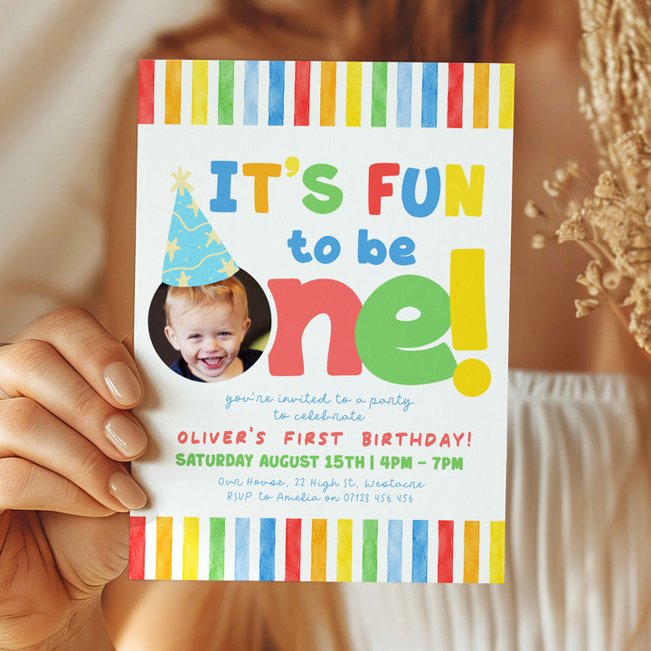 It's Fun To Be One Bright Stripe Birthday Invite editable Canva Template