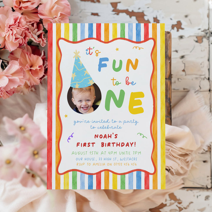 Striped It's Fun To Be One Birthday Invite editable canva template