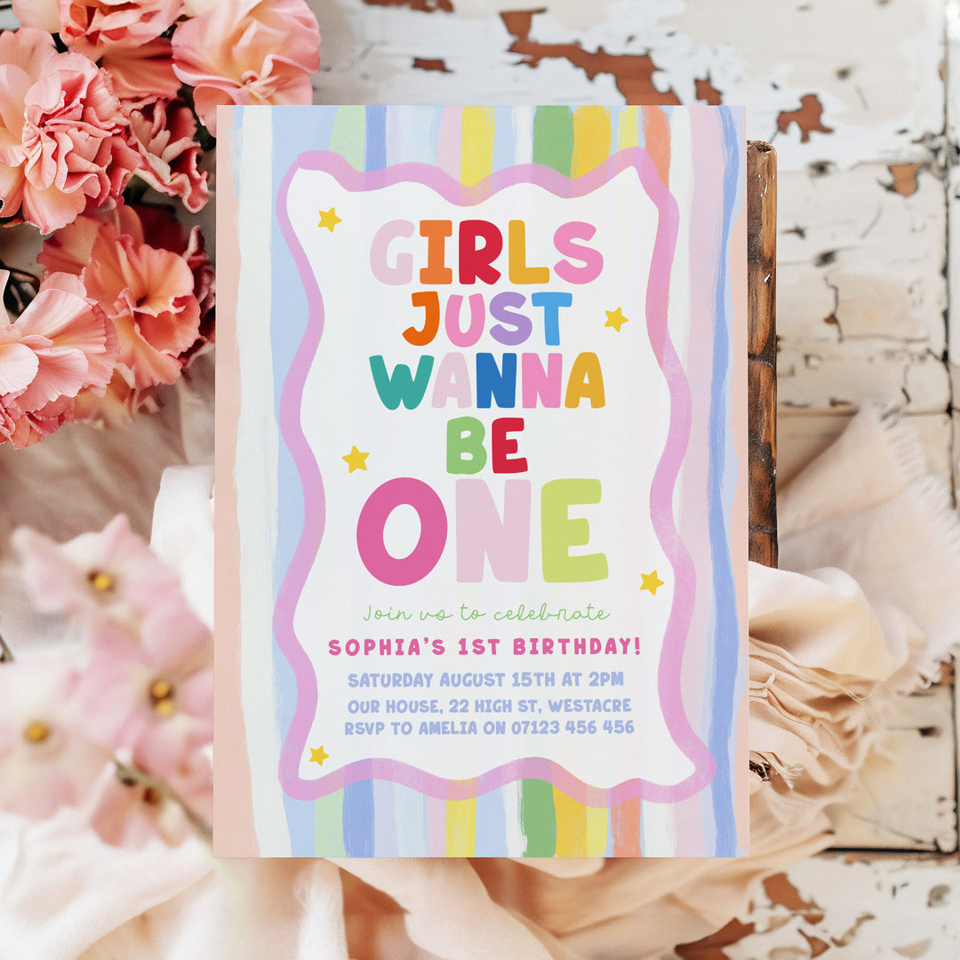 Girls Just Wanna Be One Pastel Striped Birthday Invite editable canva template