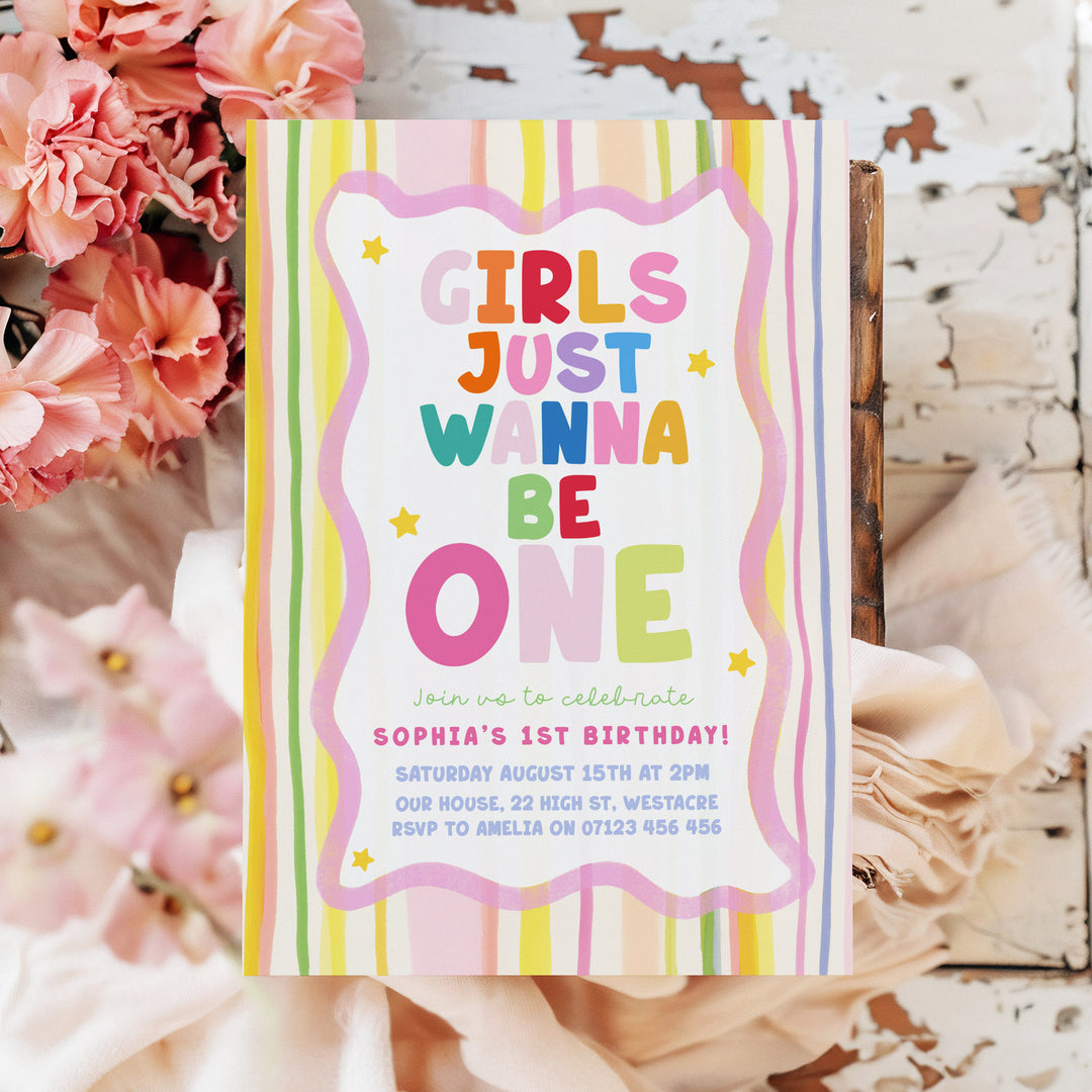 Girls Just Wanna Be One Yellow Striped Birthday Invite editable canva template
