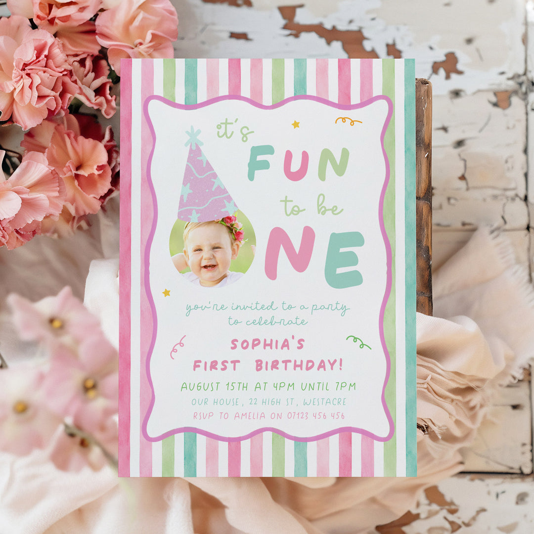 It's Fun To Be One Pink Striped Birthday Invite editable canva template