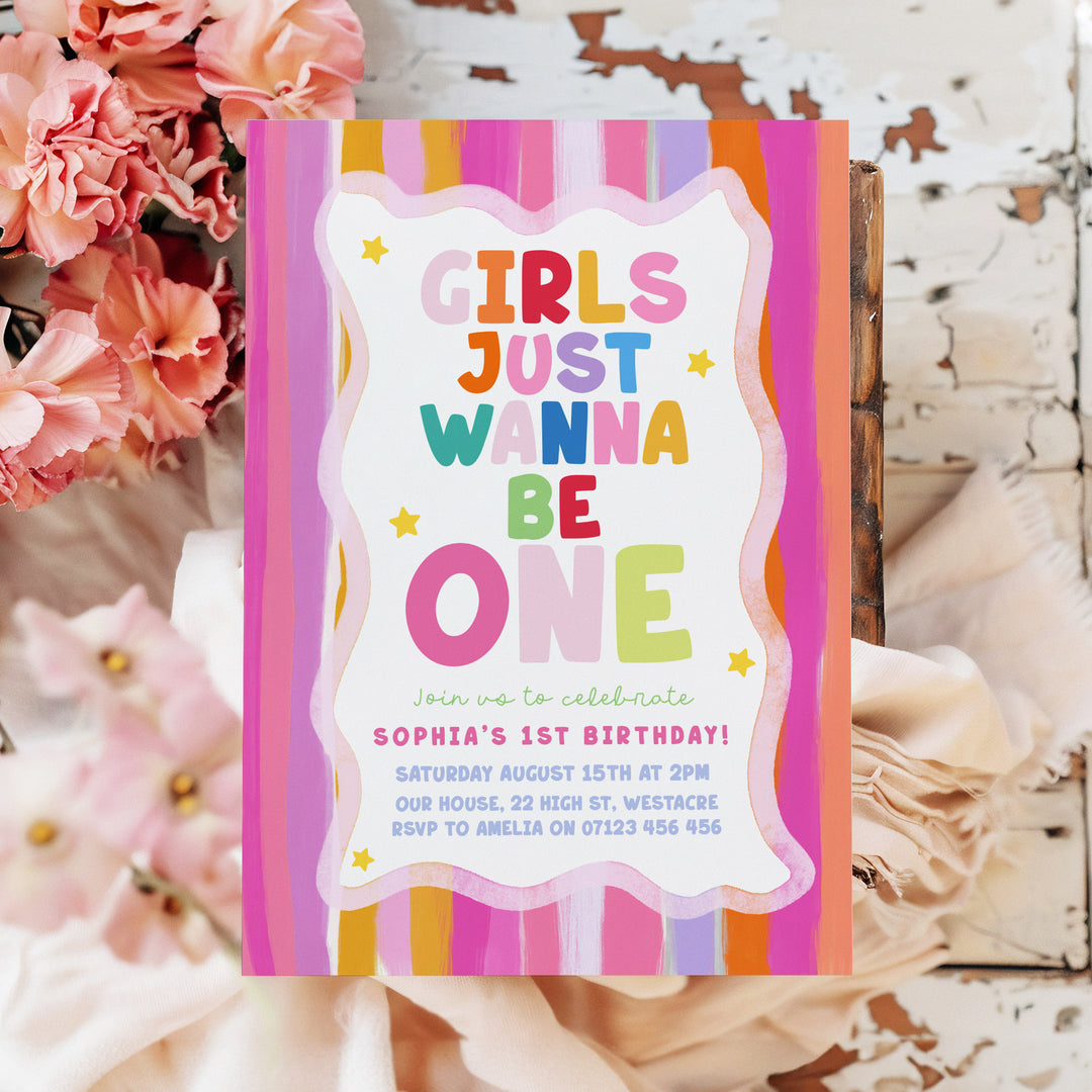 Girls Just Wanna Be One Pastel Birthday Invite editable Canva Template