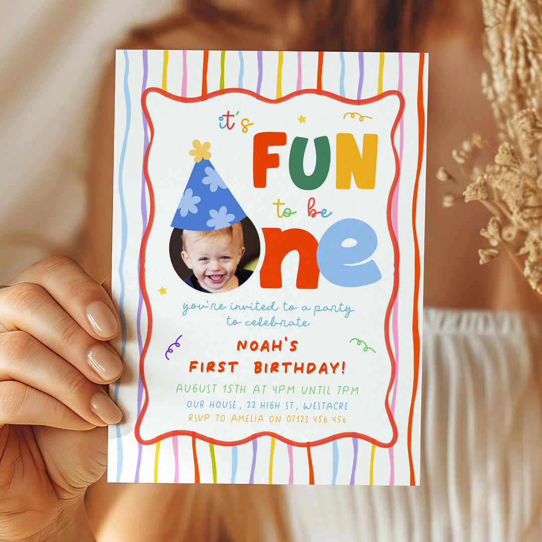 Fun To Be One With Thin Stripes Birthday Invite Editable Template in Canva