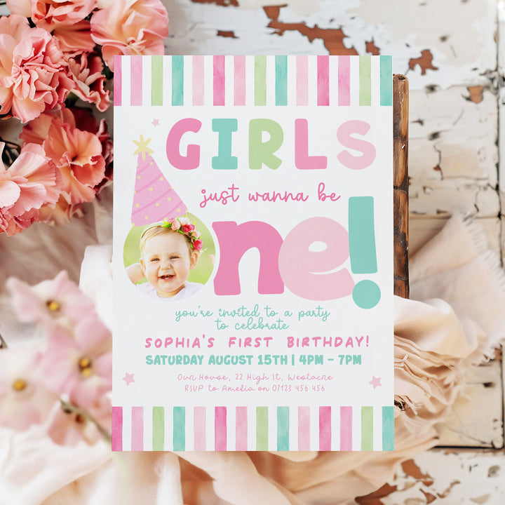 Girls Just Wanna Be One Pink Stripe Birthday Invite Editable Template Canva