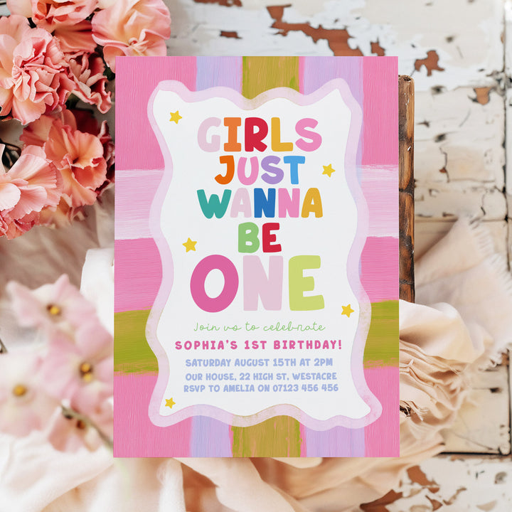 Girls Just Wanna Be One Big Stripes Birthday Invite editable canva template