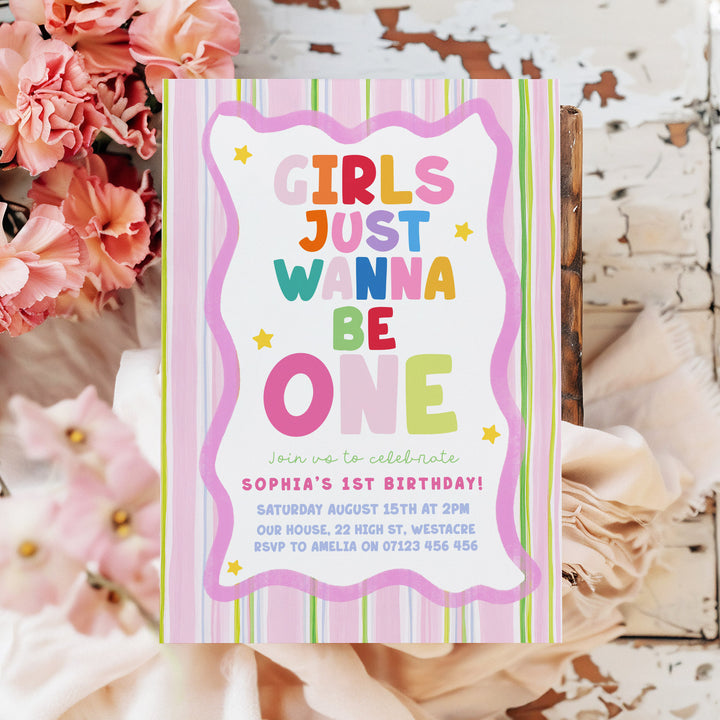 Girls Just Wanna Be One Pink & Green Striped Birthday Invite editable template in Canva