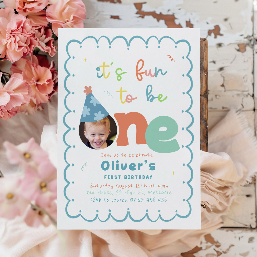 Teal It's Fun To Be One Birthday Invite editable canva template 