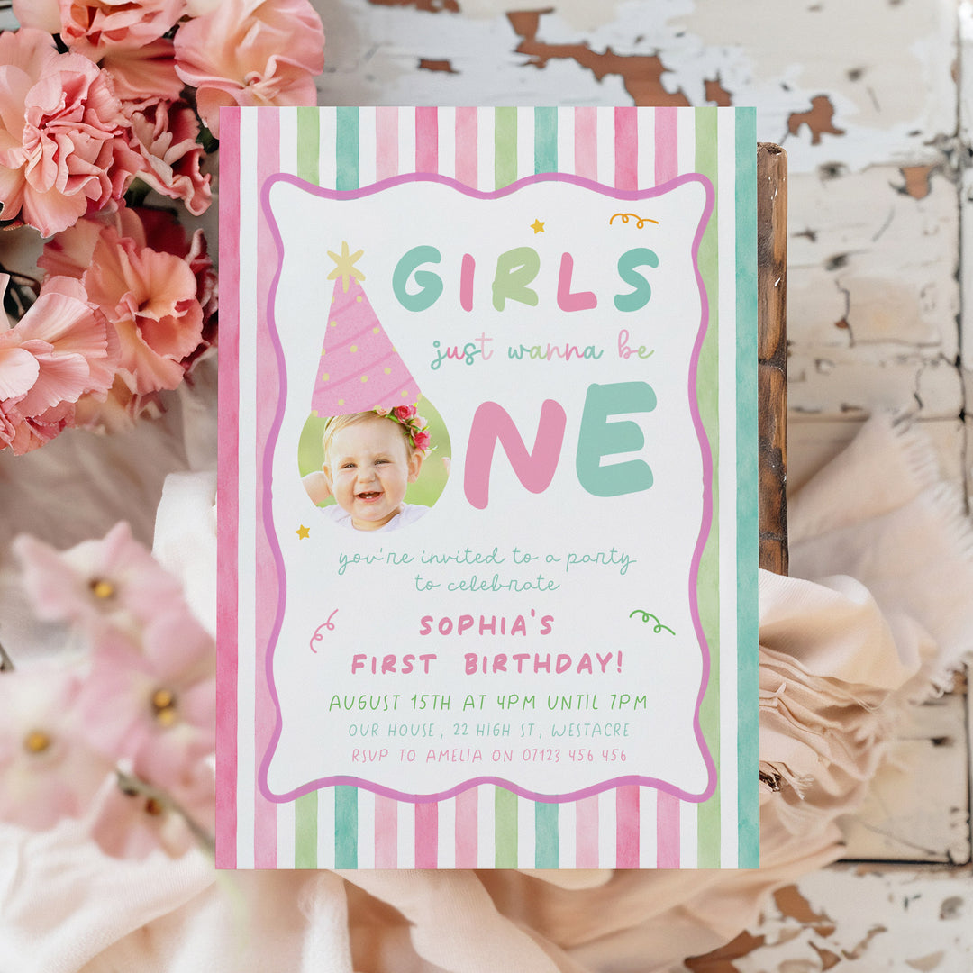 Girls Just Wanna Be One Pink Striped Birthday Invite