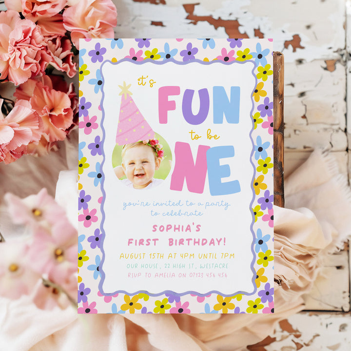 Girls Just Wanna Be One Flower Pattern Birthday Invite