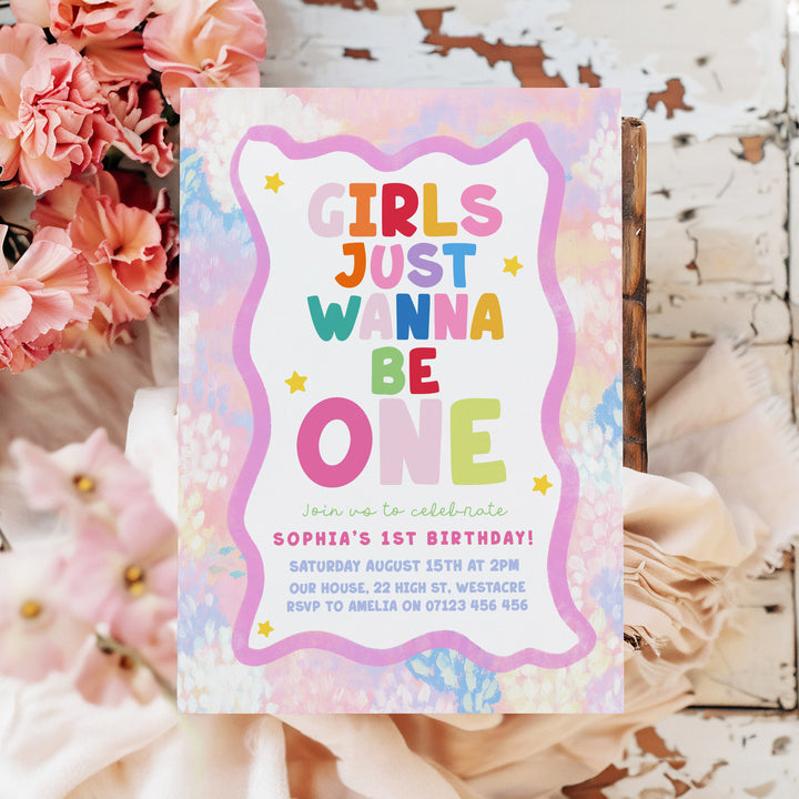Girls Just Wanna Be One Pink & Green Watercolor Birthday Invite