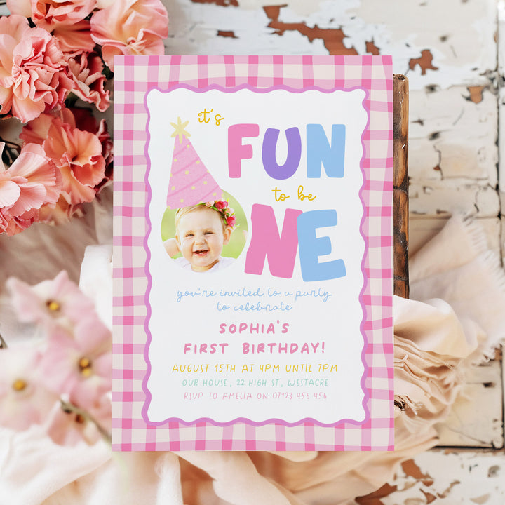 Girls Just Wanna Be One Pink Gingham Birthday Invite Editable Template In Canva