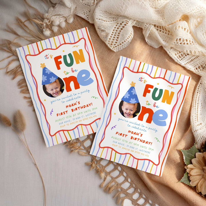 Fun To Be One With Thin Stripes Birthday Invite Editable Template in Canva