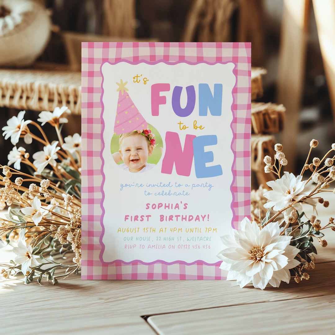 Girls Just Wanna Be One Pink Gingham Birthday Invite Editable Template In Canva
