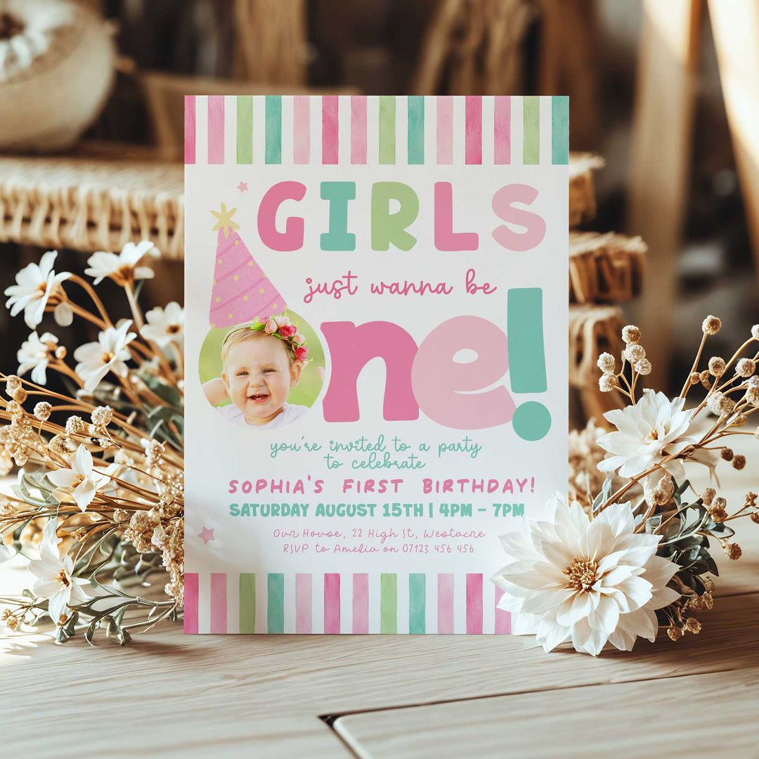 Girls Just Wanna Be One Pink Stripe Birthday Invite Editable Template Canva