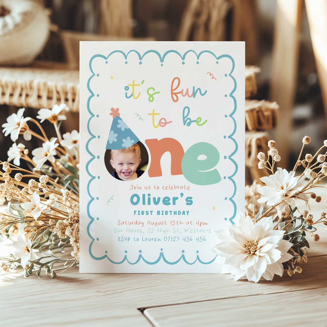 Teal It's Fun To Be One Birthday Invite editable canva template 