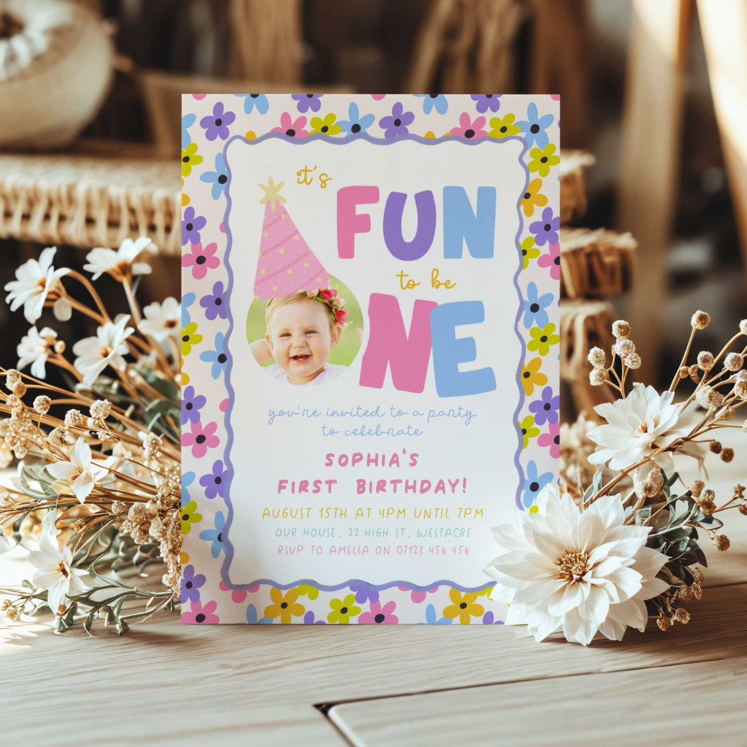Girls Just Wanna Be One Flower Pattern Birthday Invite Canva Template