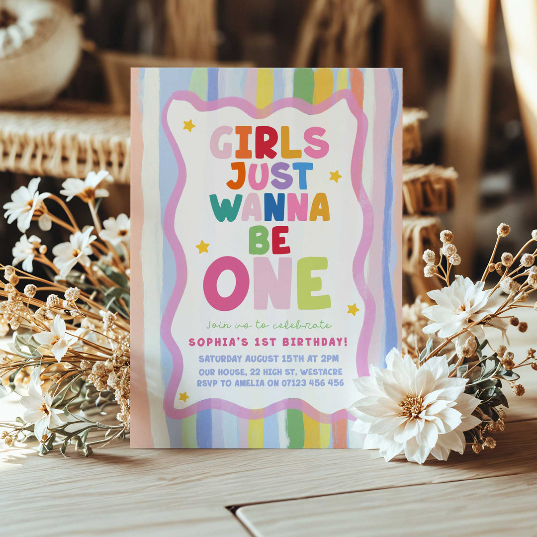 Girls Just Wanna Be One Pastel Striped Birthday Invite editable canva template