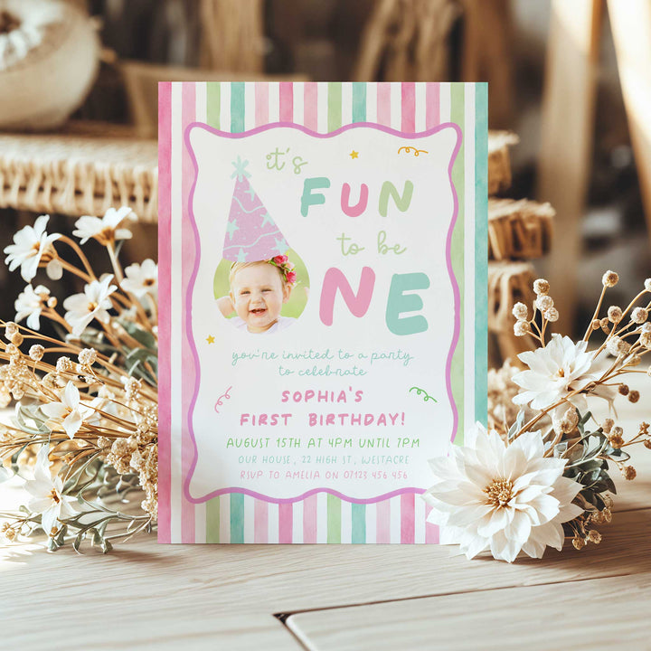 It's Fun To Be One Pink Striped Birthday Invite editable canva template