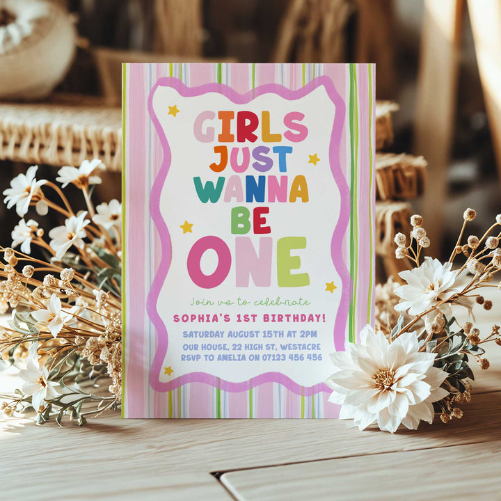 Girls Just Wanna Be One Pink & Green Striped Birthday Invite editable template in Canva