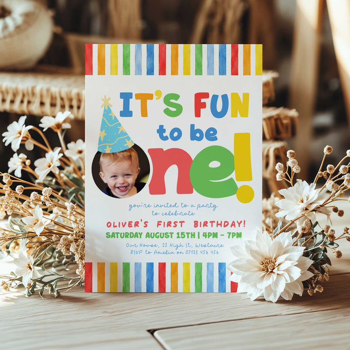 It's Fun To Be One Bright Stripe Birthday Invite editable Canva Template