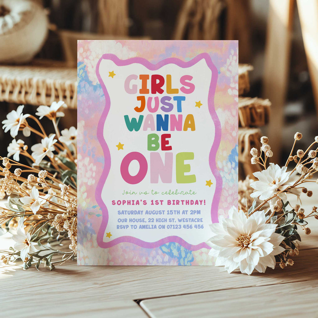 Girls Just Wanna Be One Pink & Green Watercolor Birthday Invite ditable Canva Template