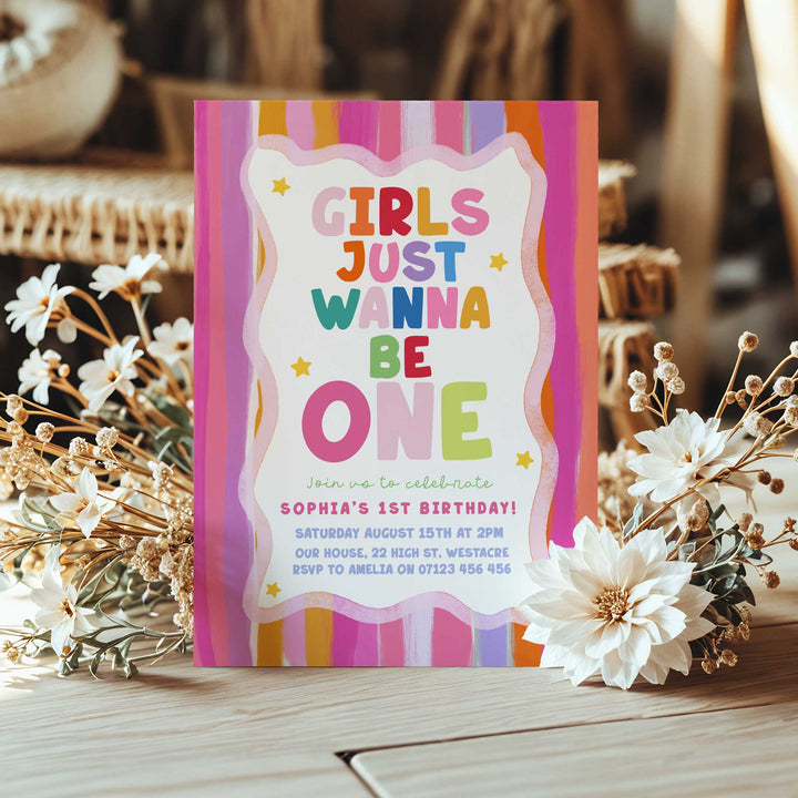 Girls Just Wanna Be One Pastel Birthday Invite editable Canva Template