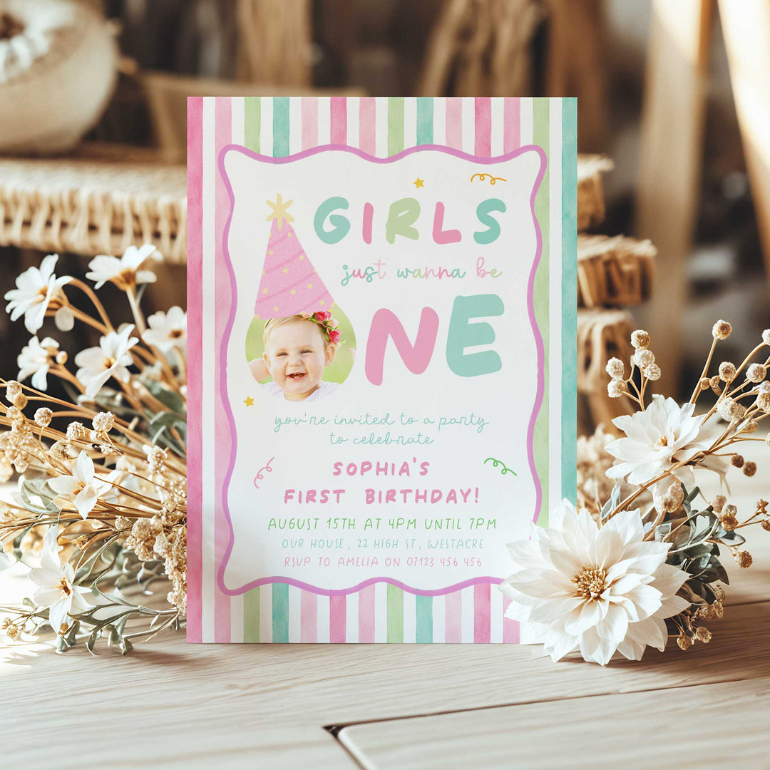 Girls Just Wanna Be One Pink Striped Birthday Invite
