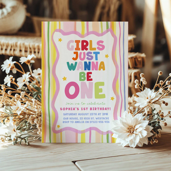 Girls Just Wanna Be One Yellow Striped Birthday Invite editable canva template