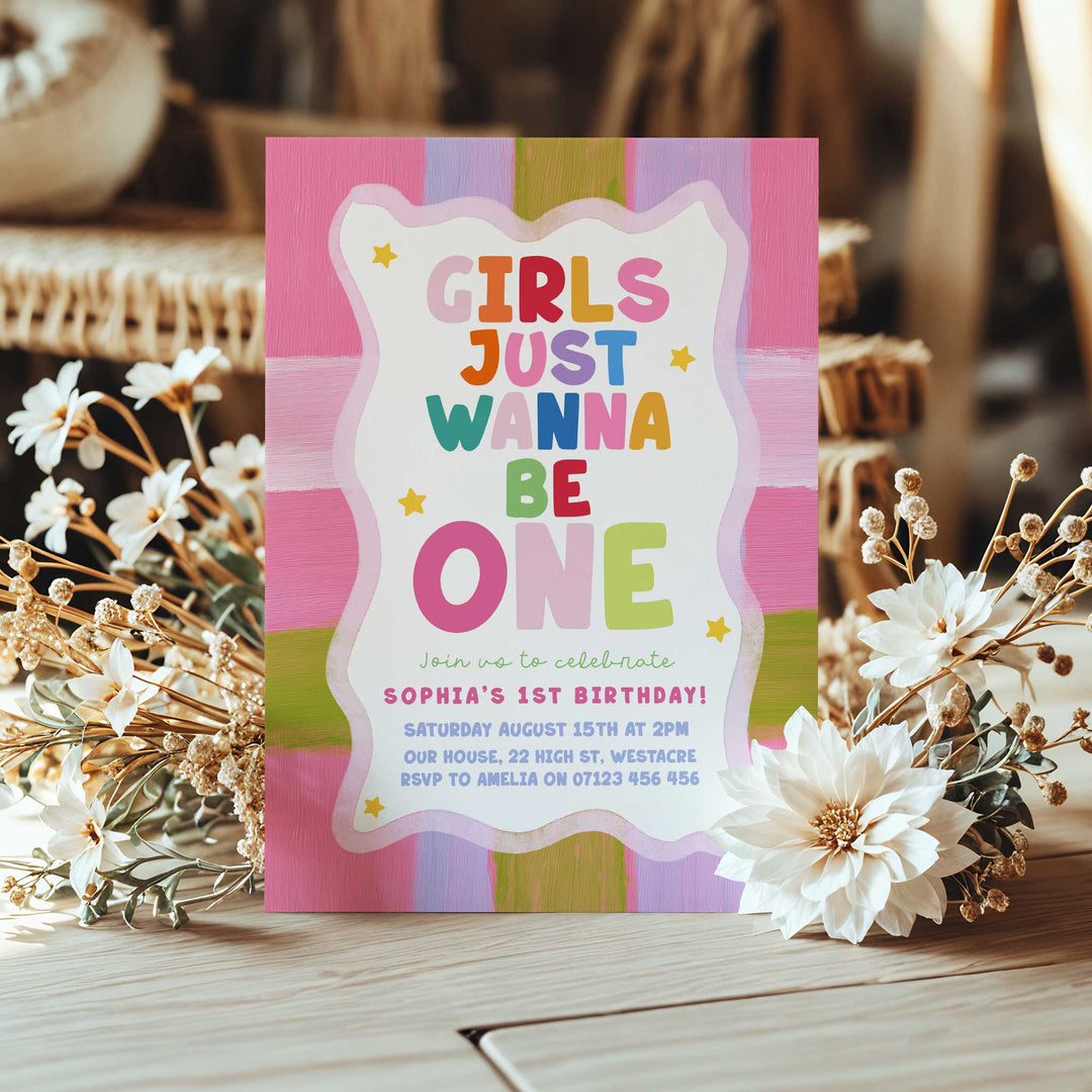 Girls Just Wanna Be One Big Stripes Birthday Invite editable canva template