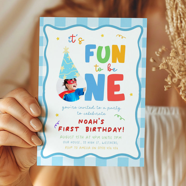 It's Fun To Be One Blue Gingham Birthday Invite editable Canva template