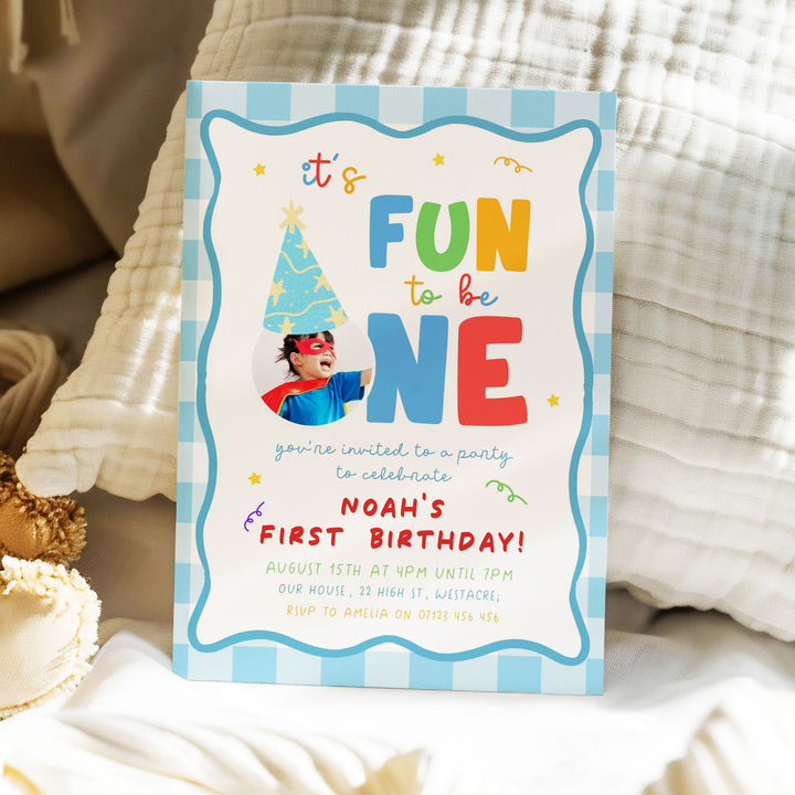 It's Fun To Be One Blue Gingham Birthday Invite editable Canva template