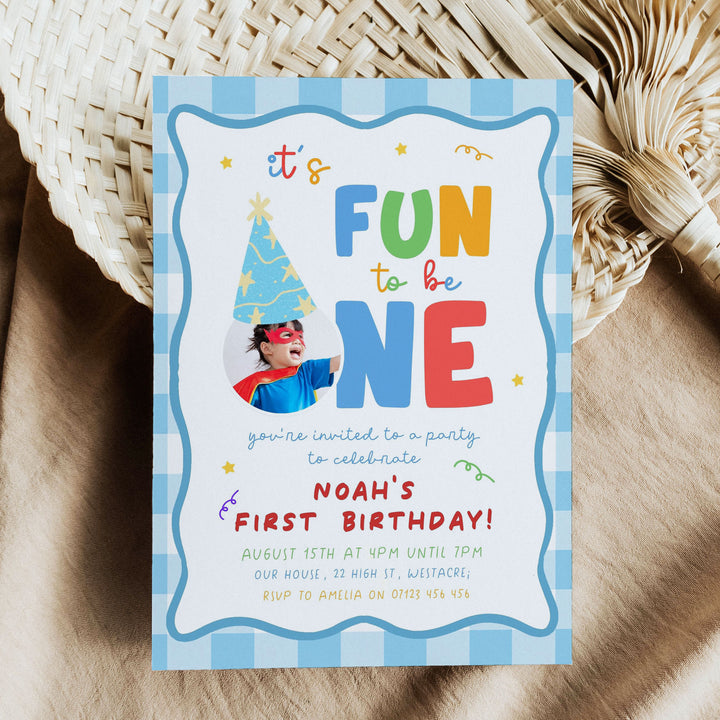 It's Fun To Be One Blue Gingham Birthday Invite editable Canva template